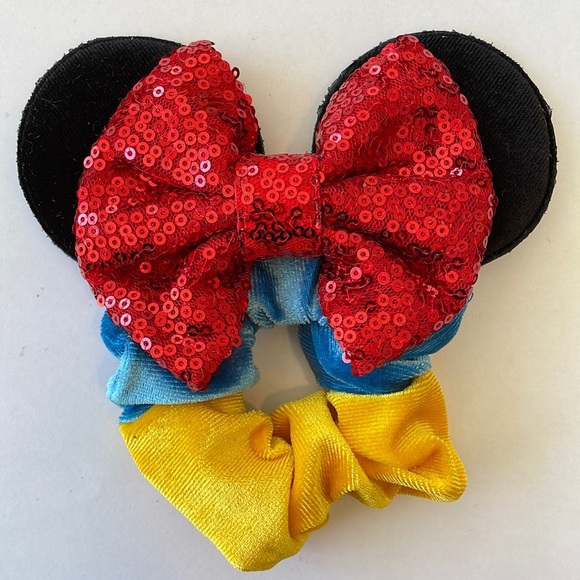 Mickey Mouse Ears Scrunchie Ponytail Holder with Sequins - Blue/Yellow w/Red Bow - Picture 1 of 6